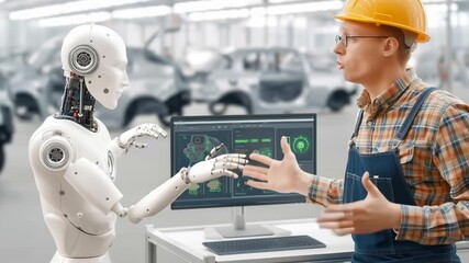 White humanoid robot and engineer in yellow hardhat discuss digital interface with car manufacturing facility in background. Collaborative interaction between human and artificial intelligence - Powered by Adobe