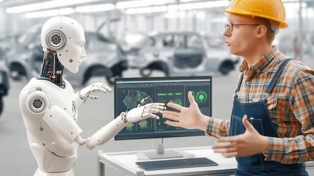 White humanoid robot and engineer in yellow hardhat discuss digital interface with car manufacturing facility in background. Collaborative interaction between human and artificial intelligence