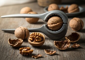 Obraz premium Walnuts cracked open by nutcracker