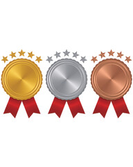 Gold, silver, and bronze medals with ribbons and stars isolated on transparent background, representing achievement and success in competition