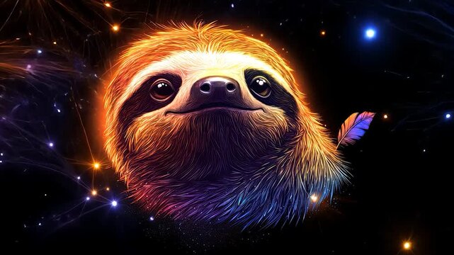 A glowing sloth face surrounded by vibrant fireworks and a feather, in a galaxy-like backdrop