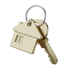 Closeup of a house key with a houseshaped keychain isolated on transparent background, representing home ownership and security