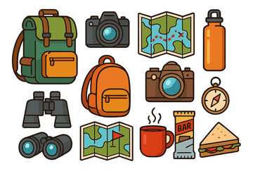 Hiking & camping equipment icon set. Adventure travel essentials. Backpack, map, compass, camera, binoculars for exploration. Outdoor journey & tourism vector collection.