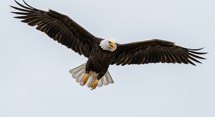 Majestic Bald Eagle in Flight Against a Pale Sky