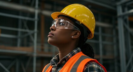 A determined worker in a yellow hard hat and safety glasses, looking up at a construction site, embodying strength and focus.
