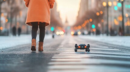 Obraz premium Person walks on snowy street with a toy car in the foreground