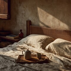 Warm, sunlit bedroom interior