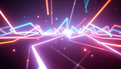 Dynamic neon lines in vibrant colors illuminate a dark abstract space, representing technology, data, or futuristic communication. Ideal for digital backgrounds and concepts.