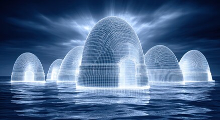 Floating, glowing, wireframe domes on dark water