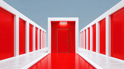 Naklejka premium Vibrant corridor featuring symmetrical red paneling and central door, creating striking visual impact. clean lines and bold colors evoke sense