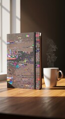 Glitch Art Notebook and Steaming Coffee Cup on Wooden Table in Sunlight