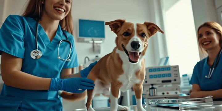 Tiermedizinische Fachangestellte unterst&uuml;tzt bei Hunduntersuchung in moderner Tierklinik