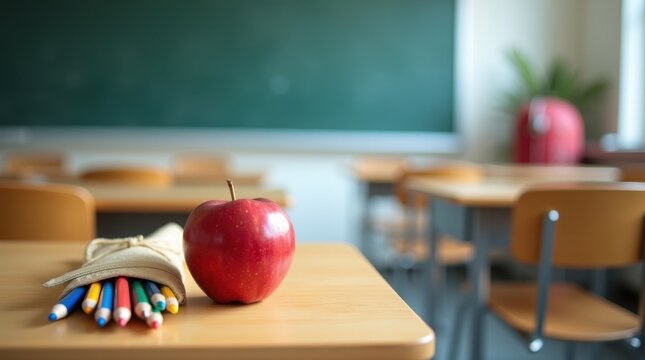 apple and pencils over a table in a school environment