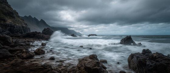 Obraz premium Rocky shoreline with dramatic sea spray, moody sky, rugged coast, ocean waves, and misty atmosphere at dusk