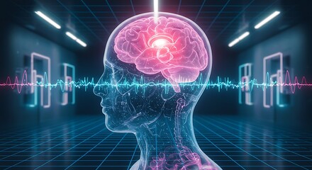 Digital Human Head Profile with Transparent Skull Showing Glowing Brain and Animated Brain Waves on Blue Grid Background