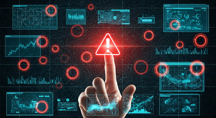 Hand touching warning sign on futuristic screen with data graphs and glowing red circles around ai generated