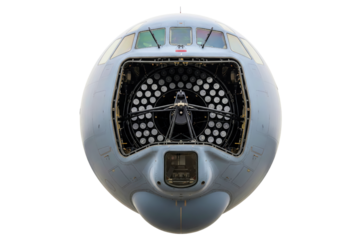 Transport aircraft with an open nose radar antenna isolated on a transparent background