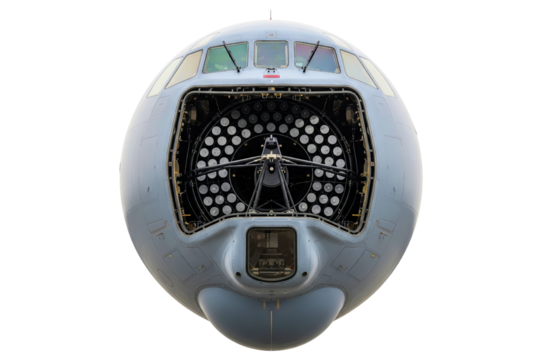 Transport aircraft with an open nose radar antenna isolated on a transparent background
