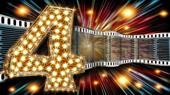 Digit "4" with filmstrip and light bursts - Powered by Adobe