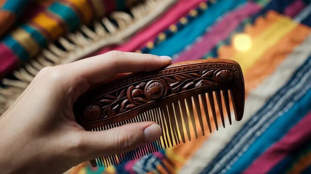 Hand holding carved wooden comb with floral design detail placed over colorful traditional textile fabric with bright woven patterns