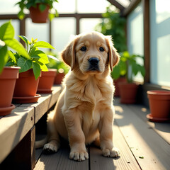 Golden retriever puppy sitting in sunlit greenhouse among potted plants