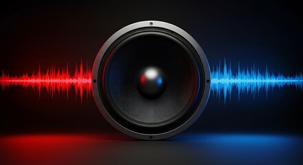 Large Metallic Audio Speaker with Colorful Sound Waves on Dark Gradient Background in Studio Setup