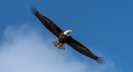 Naklejka premium Majestic Bald Eagle in Flight Against a Vivid Blue Sky