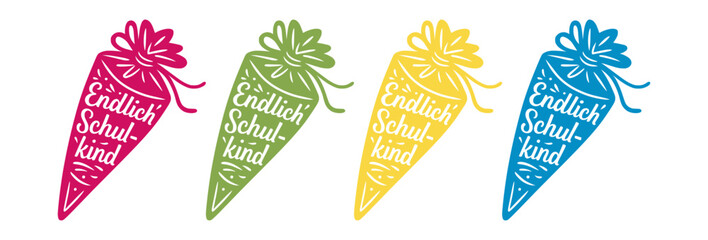 Bunte Schultüten Illustration mit Schriftzug Endlich Schulkind – Einschulung, Schuleinführung, erster Schultag, farbenfrohes Design für Kinder und Familien, Sticker, Vektor