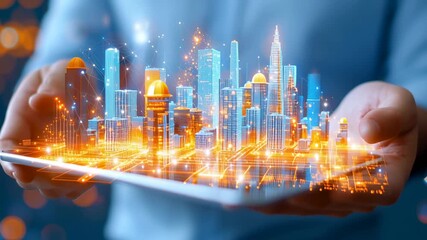 Futuristic cityscape visualization emerging from interactive digital tablet, revealing interconnected smart urban infrastructure with luminous network connections and glowing architectural elements. - Powered by Adobe