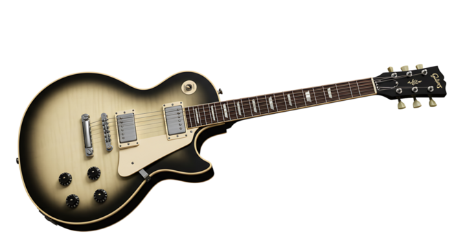 Black electric and acoustic guitars, musical instruments isolated on white, with a focus on their wood bodies and metal strings