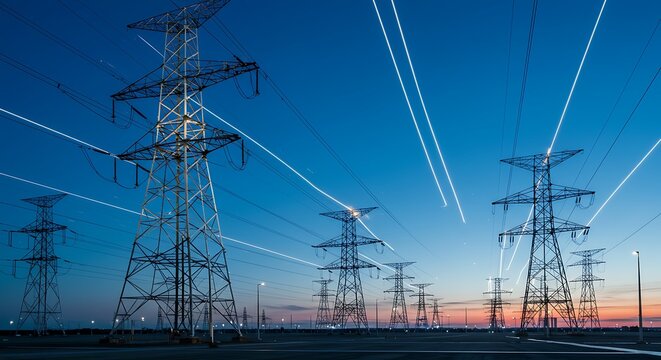 Futuristic High-Voltage Transmission Towers with Glowing Power Lines under Clear Blue Sky - Powered by Adobe