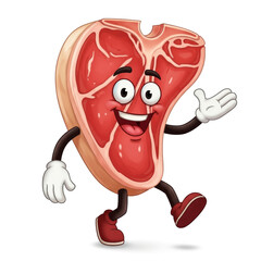 Cartoon illustration of a walking steak slice with a happy expression.