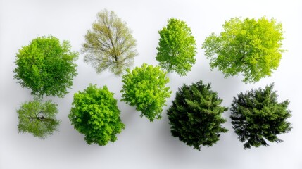 Obraz premium Topdown view showcasing diverse green tree silhouettes with different shapes and textures against a white background, emphasizing natural variety and vibrant foliage
