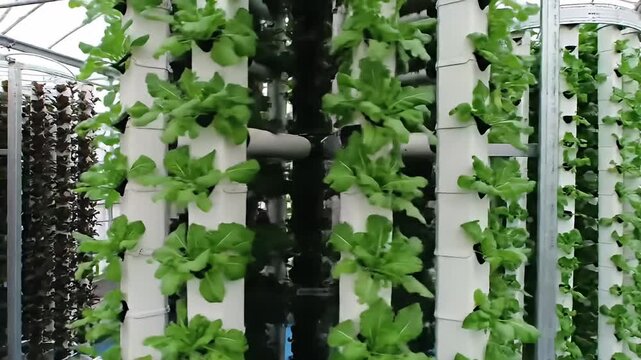 Vertical hydroponic farm with rows of leafy greens growing in white containers