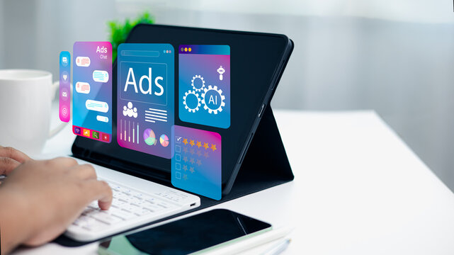 Person using tablet with digital ads, AI, social media, and data analysis interfaces symbolizing online advertising and modern marketing technology