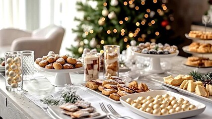 Christmas table with many sweets and cookies is being prepared by a woman for the christmas eve dinner, with a blurred christmas tree in the background