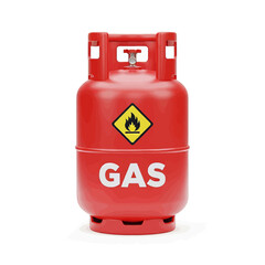 Red gas cylinder with a warning symbol and the word GAS printed on it.