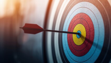 Arrow hits the bullseye on a colorful target perfectly centered now. Suitable for marketing and success concepts.