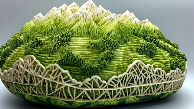 Intricate carved mountain landscape on a melon