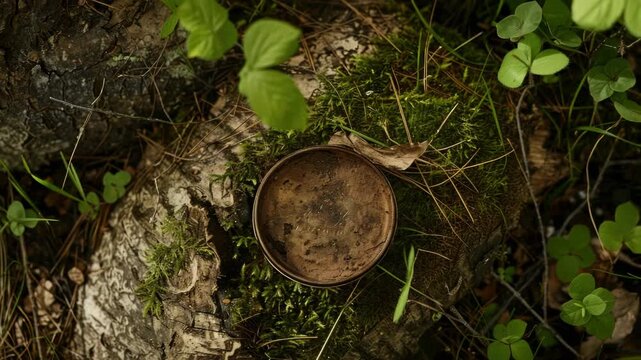 A rusted coin found on the forest floor, encrusted with moss and surrounded by a small patch of dirt.