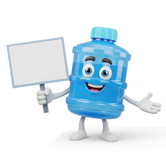 A cheerful cartoon water bottle character holding a blank sign for your message.