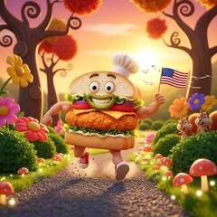 Cheerful cartoon sandwich character running on a colorful path at sunset, holding an American flag, surrounded by flowers, trees, and cute animals.