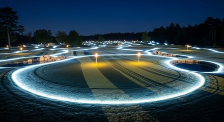 Serene illuminated landscape at night winding pathways and artificial lighting create a stylized outdoor scene for environmental innovation and sustainable design promotion 150 200 char
