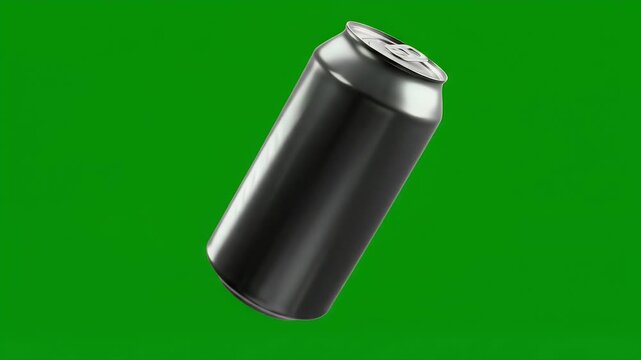 Blank Dark Metallic Aluminum Beverage Can Floating on Green Background. Generic Soda Drink Container for Mockup, Product Shot, or Chroma Key Compos...