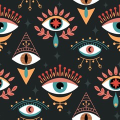 Cotton fabric Mystical all seeing eye seamless pattern with esoteric occult symbols bohemian witchy astrology spiritual cosmic and psychedelic eyes repeating background for fabric wallpaper and digital art