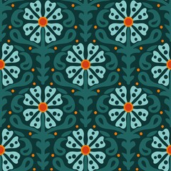 Cotton fabric Colorful folk art floral seamless pattern with scandinavian retro geometric ornamental boho blossom nordic botanical abstract flowers repeating background for fabric wallpaper and digital projects