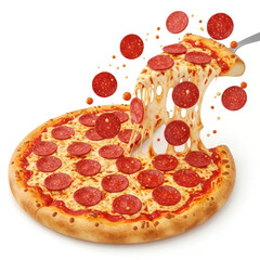 A delicious pepperoni pizza with a slice being lifted, showing melted cheese pull and flying toppings on a white background.