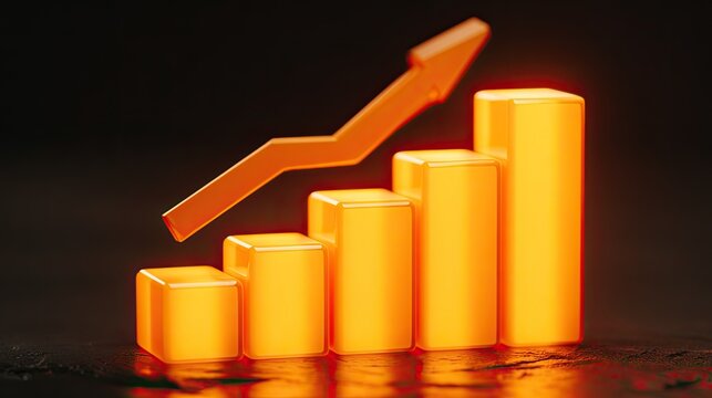 Glowing orange bar graph with upward trend arrow on dark background - Powered by Adobe