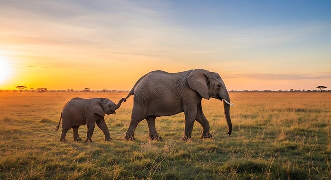 A baby elephant holds its mother's tail while walking across the golden savanna at sunset.
