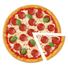Delicious pepperoni pizza with a slice removed, garnished with fresh basil leaves, isolated on a white background.